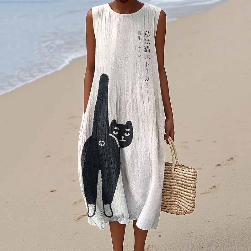 Women's Vintage Japanese Cat Art Pattern Cotton And Linen Dress elevenforest