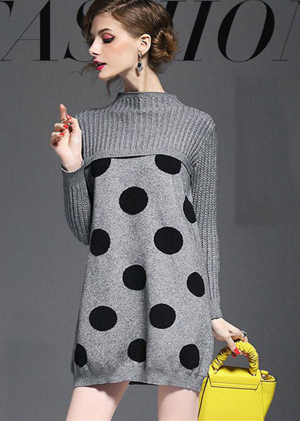 Diy Grey Turtle Neck Dot Print Long Knit Dress Long Sleeve