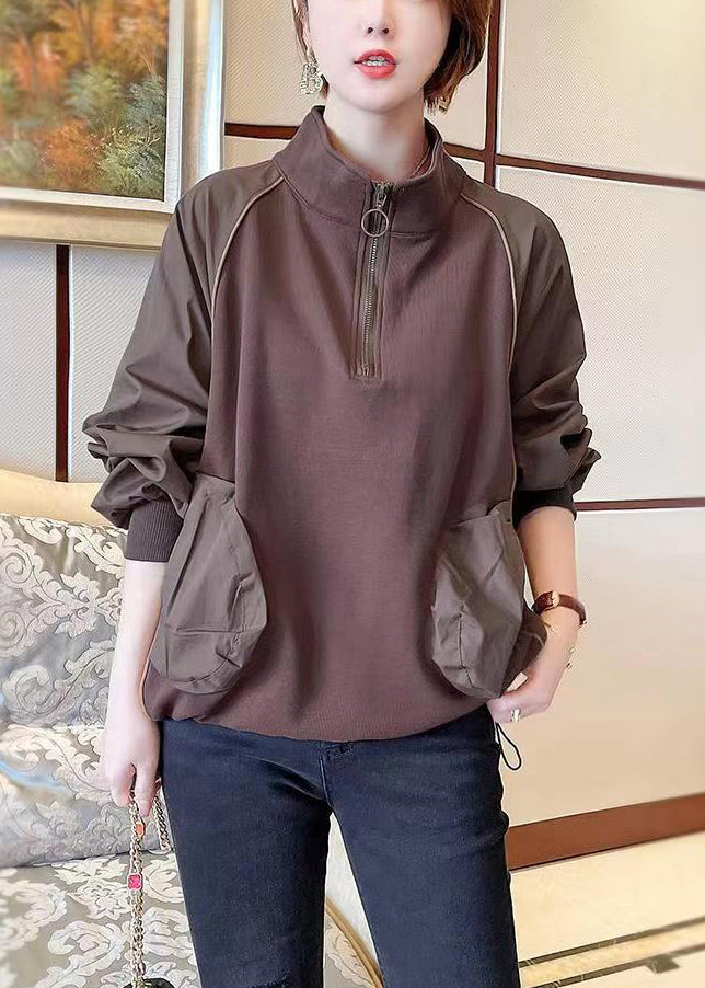 Coffee Zip Up Pockets Patchwork Cotton Sweatshirts Fall