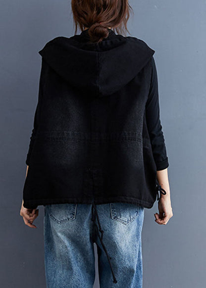 Unique Black Hooded Button Denim Trench Sleeveless Vest