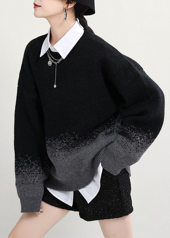 Simple Black O-neck Gradient Color Fall Knit Knitted Sweaters