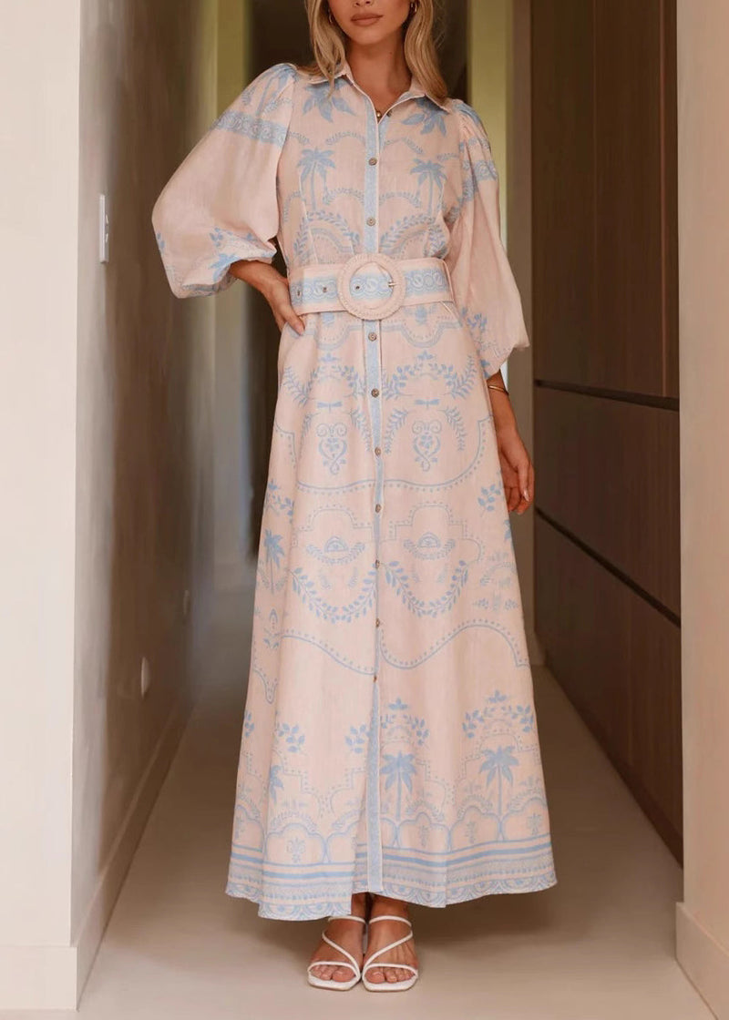 Blue Print Maxi Linen Dresses Lantern Sleeve Fall