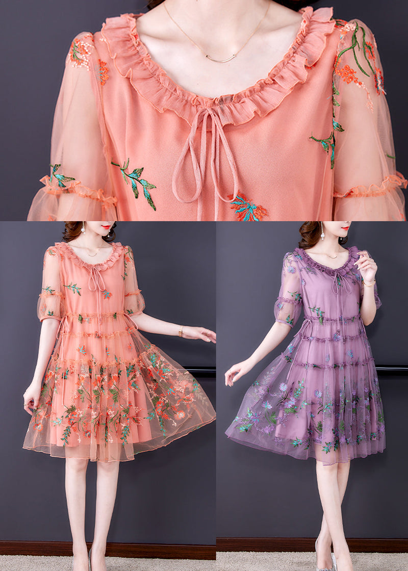Purple Ruffled Tulle Patchwork Chiffon a Line Dress Half Sleeve
