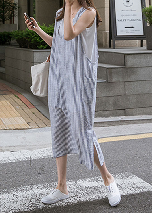 Blue V Neck Side Open Striped Cotton Beach Dress Summer