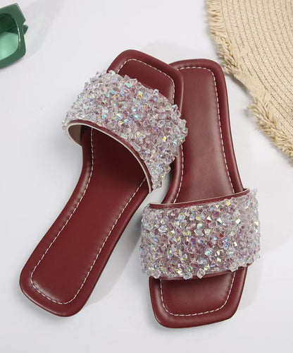 Sequins Splicing Wine Red Faux Leather Slide Sandals