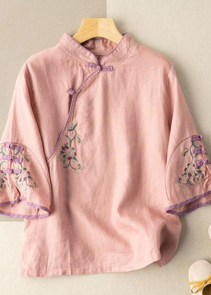White Embroideried Button Blouse Tops Half Sleeve