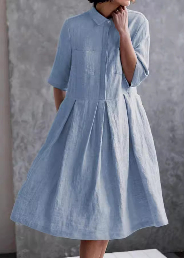 Blue Peter Pan Collar Button Cotton Shirts Dress Summer
