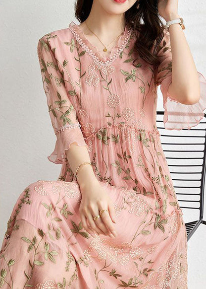 French Pink Embroideried Patchwork Wrinkled Tulle Dress Summer
