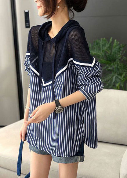 Blue Drawstring Hooded Knit Patchwork Striped Blouse Top Spring