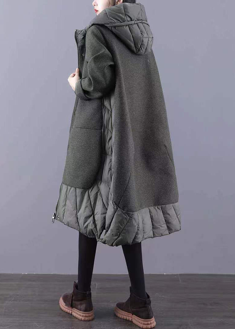 Green Pockets Patchwork Thick Long Coat Zip Up Long Sleeve