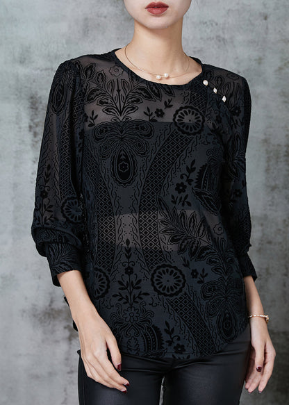 Black O-neck Jacquard Lace Tops Spring