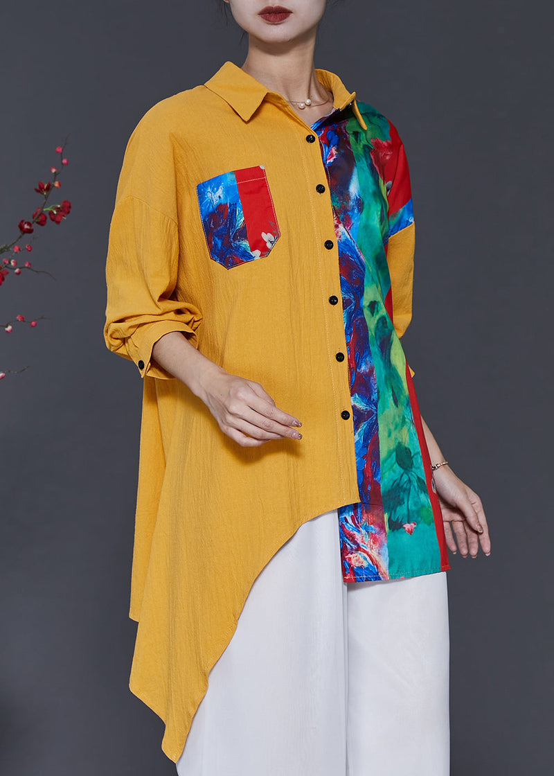 Yellow Asymmetrical Tie Dye Linen Shirt Top Spring