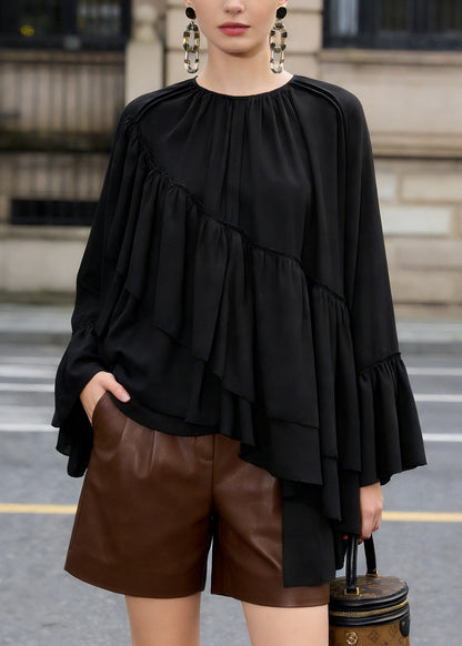 Loose Black Ruffled Asymmetrical Patchwork Chiffon Top Spring