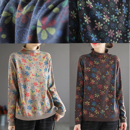Khaki Print Sweater Tops High Neck Spring Knitwear