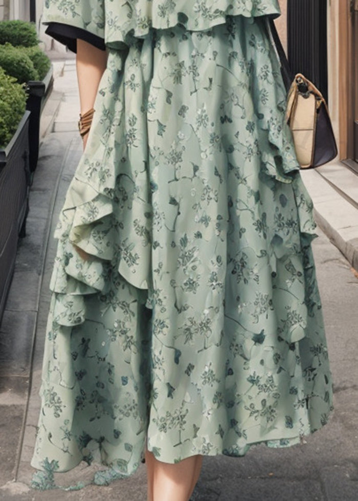 Green Ruffled Print Silk Fake Two Piece Dresses Summer