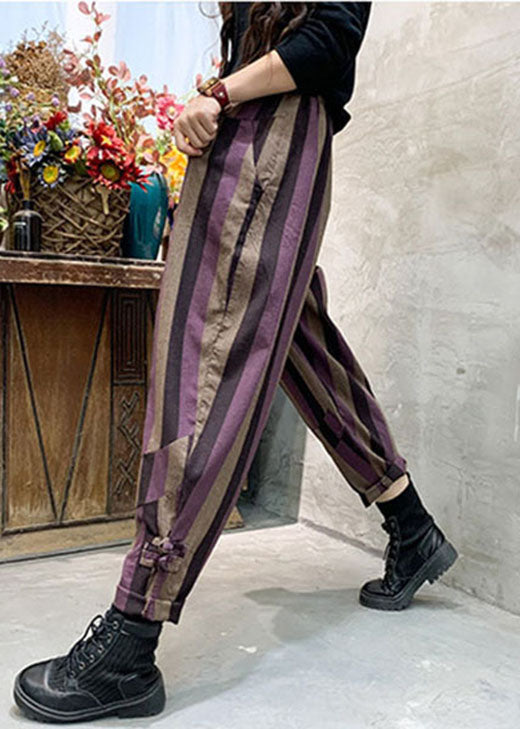 Purple Striped Patchwork Cotton Harem Pants Spring