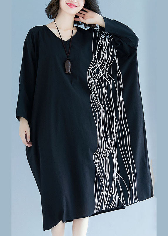 French Black Bat Wing Sleeve V Neck Print Patchwork Fall Maxi Dress