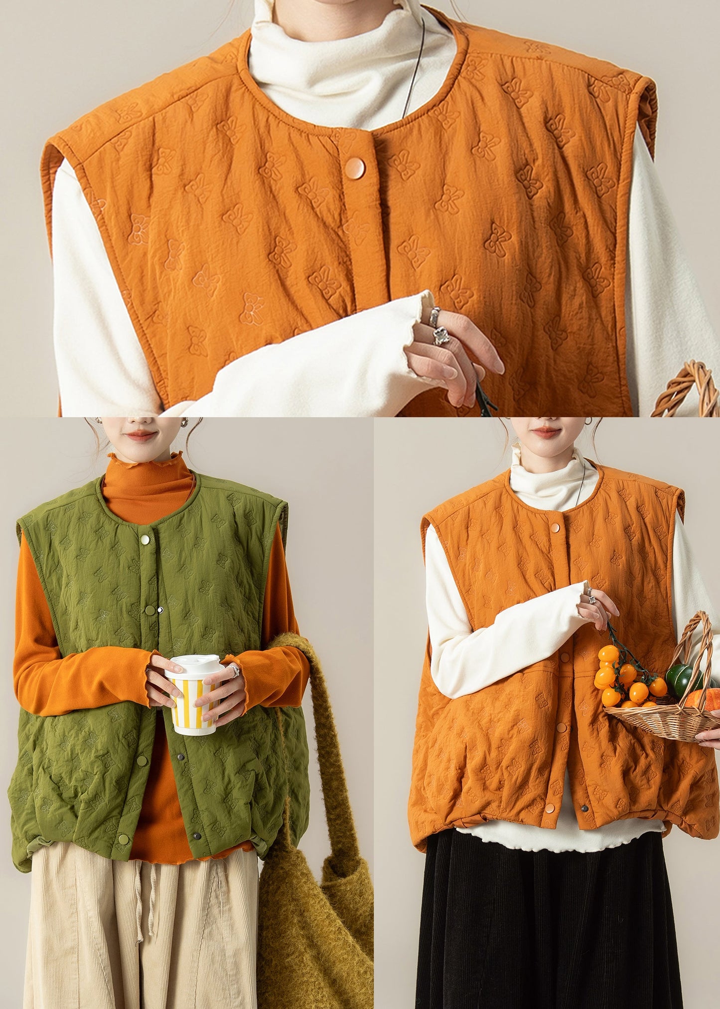 Orange Oversized Embossing Fine Cotton Filled Vest Winter