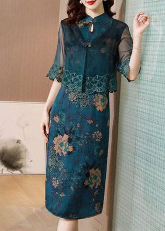 Natural Blue Stand Collar Patchwork Embroideried Silk Maxi Dress Summer