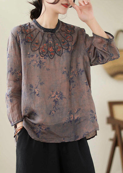 Dark Purple Embroideried Print Linen Tops Spring
