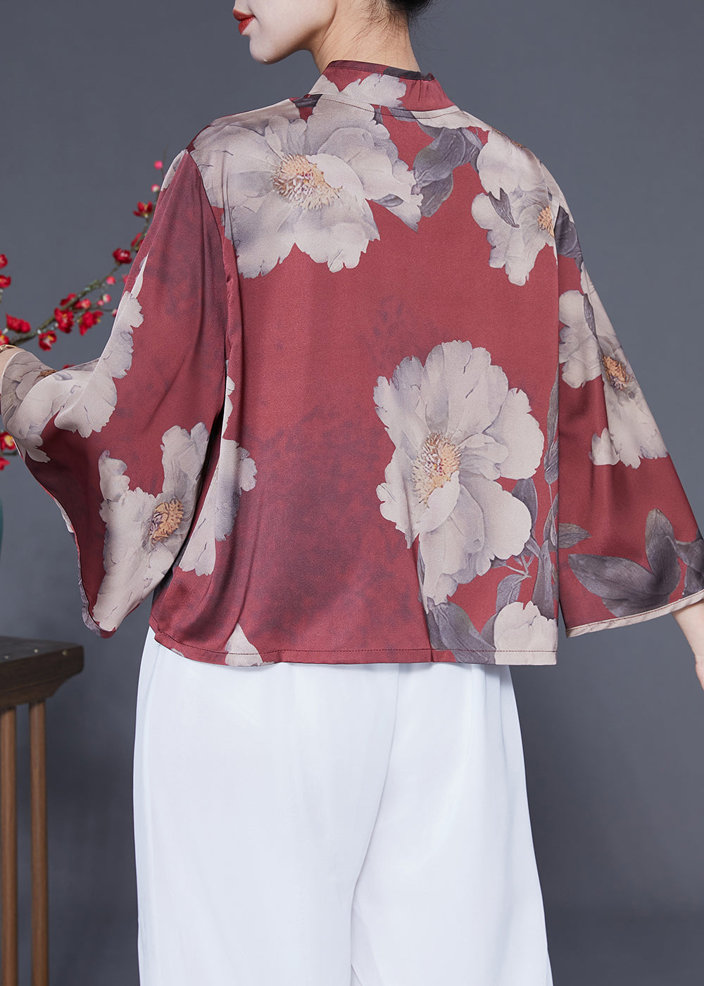 Brick Red Stand Collar Print Chinese Button Silk Shirt Flare Sleeve