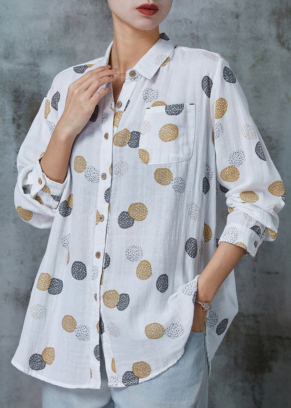 White Print Pocket Cotton Shirts Spring