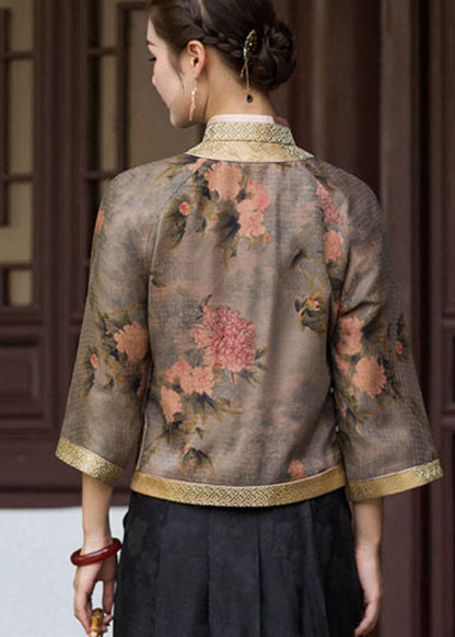 Oriental Chocolate Stand Collar Button Print Silk Blouse Tops Spring