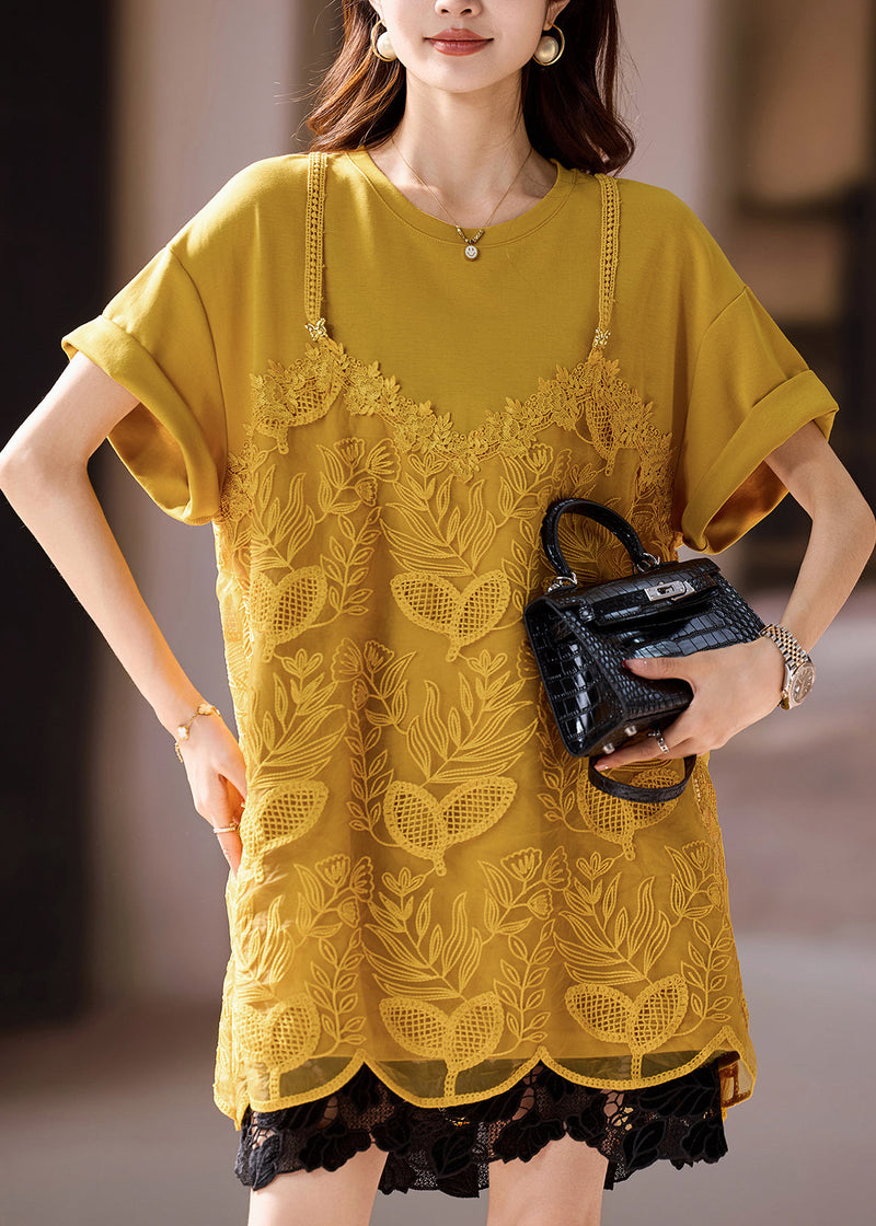 New Style White Organza Patchwork Embroidered T-shirt Summer