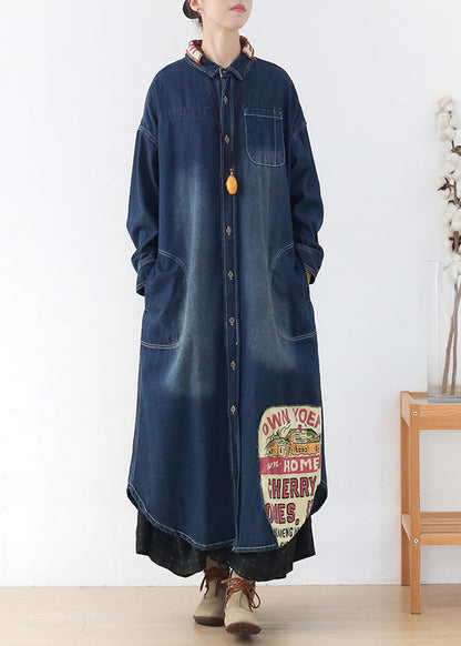 Blue Peter Pan Collar Patchwork Letter Print Button Pockets Cotton Denim Dresses Long Sleeve