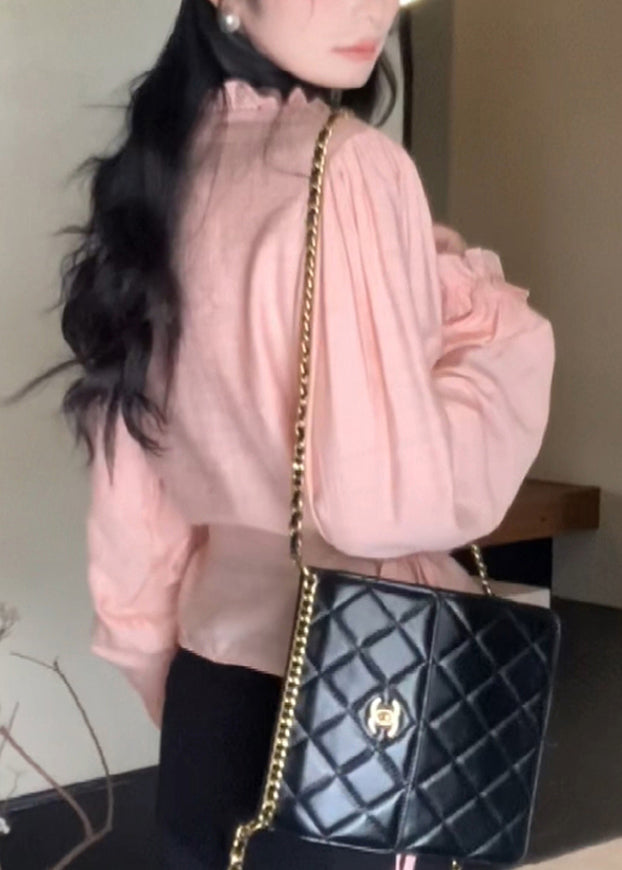 Pink O-neck Ruffled Chiffon Top Lantern Sleeve