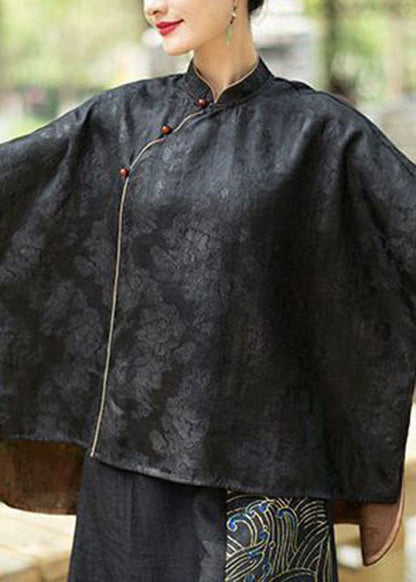 Black Stand Collar Low High Design Jacquard Silk Tops Batwing Sleeve