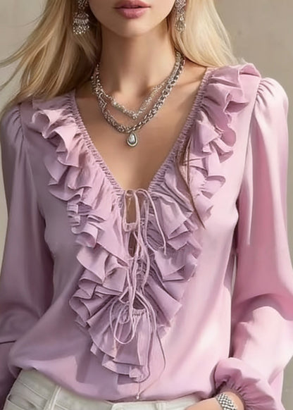 Purple Ruffled Lace Up Chiffon Blouses V Neck Lantern Sleeve Spring