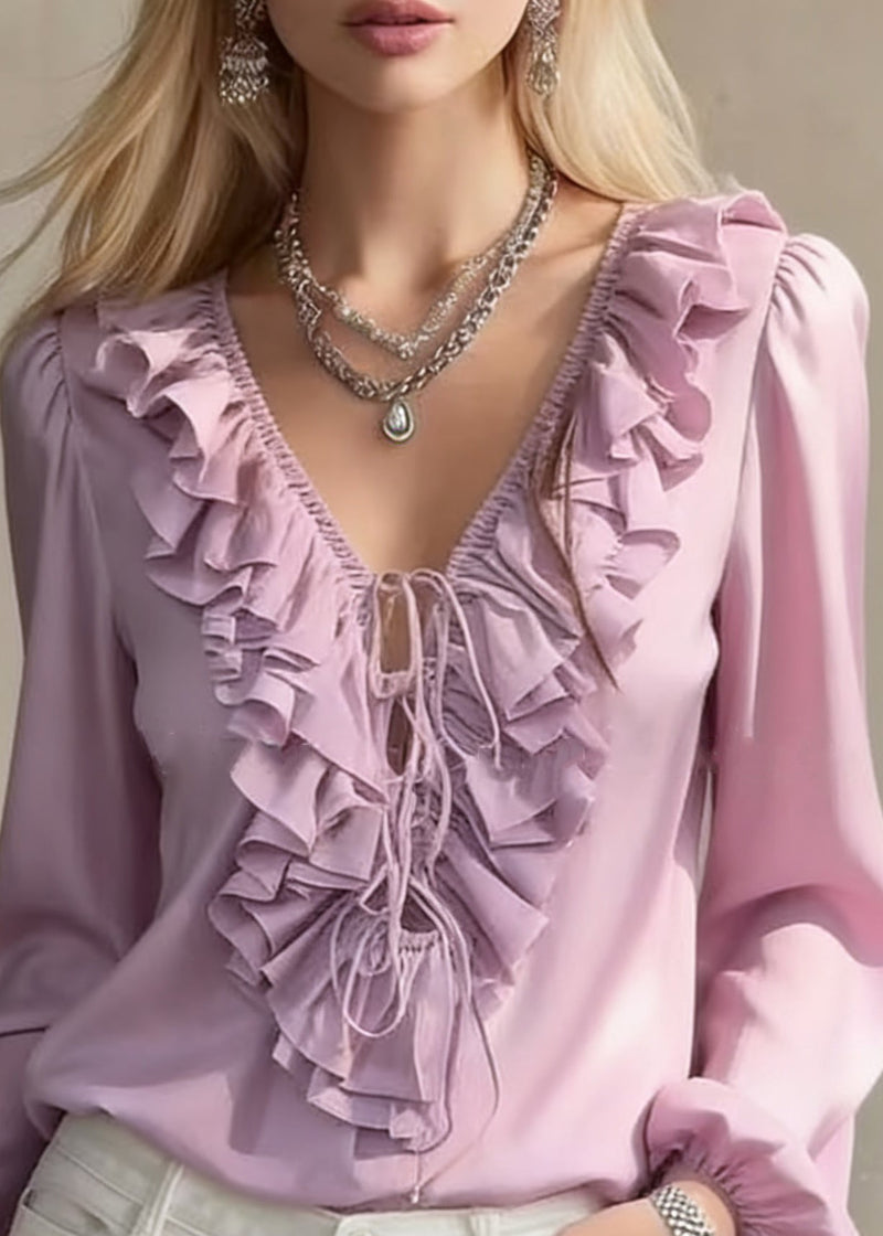 Purple Ruffled Lace Up Chiffon Blouses V Neck Lantern Sleeve Spring