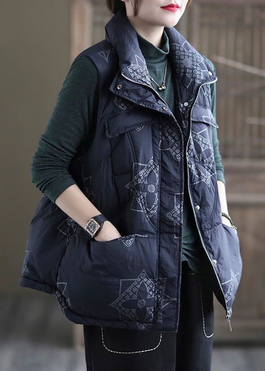 Navy Print Zippered Pockets Duck Down Waistcoat Winter