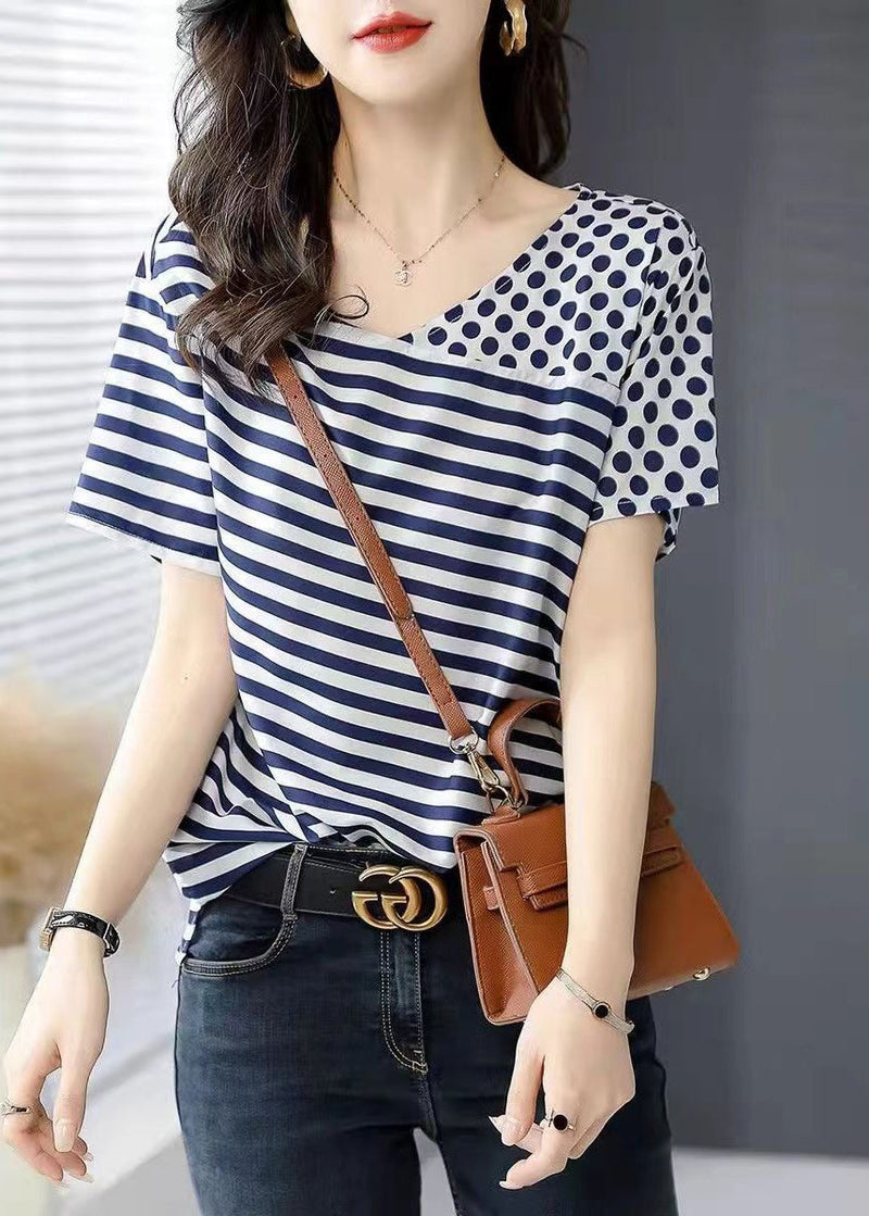 Blue O Neck Striped Dot Patchwork Silk Top Summer