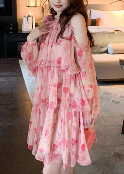 Pink Cold Shoulder Print Chiffon Mid Dress Summer