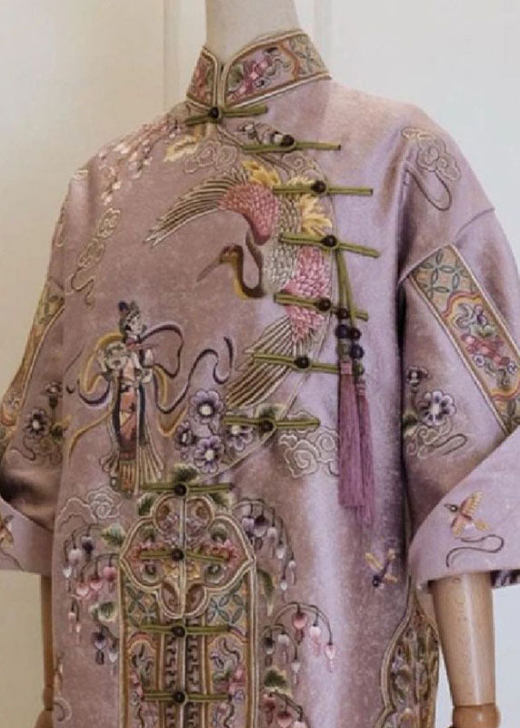 Pink Stand Collar Embroideried Button Silk Cotton Maxi Dresses Fall
