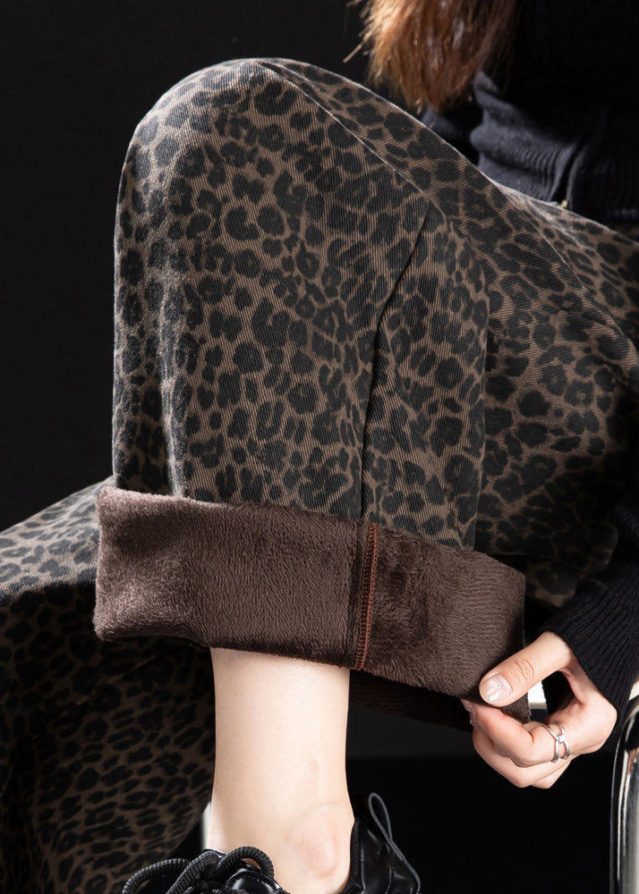 New Coffee Leopard Pockets Print Warm Fleece Denim Pants Spring