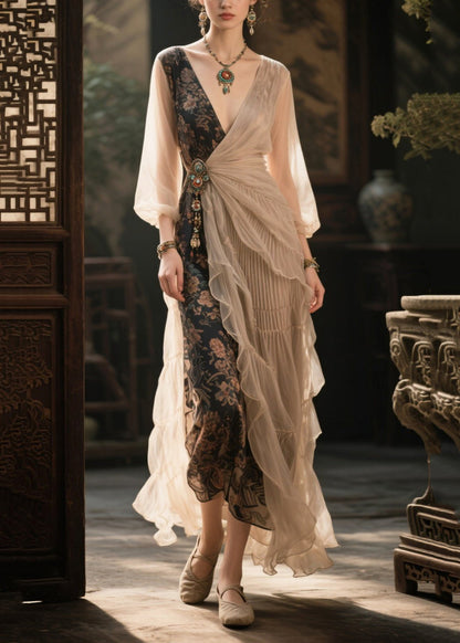 Beige Asymmetrical Patchwork Tasseled Chiffon Dresses Summer