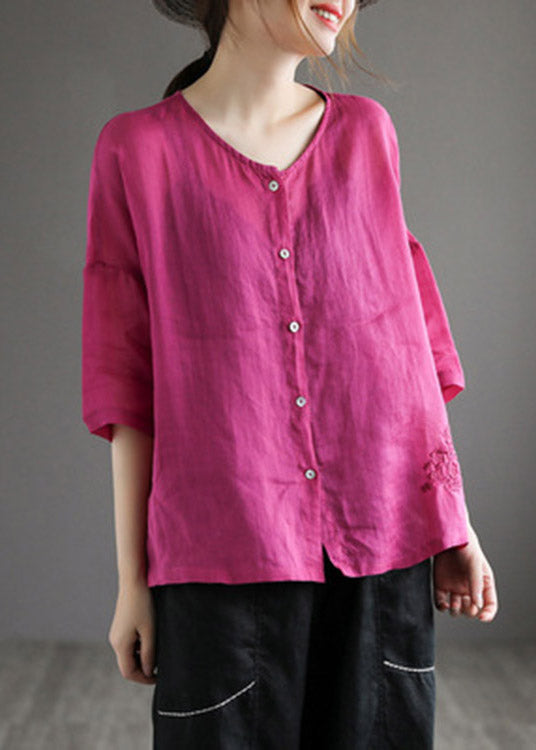 Loose Coffee O-neck Embroideried Button Linen Shirt Half Sleeve