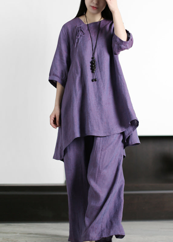 Chocolate Asymmetrical Linen Tops and Wide Leg Pants Half Sleeve
