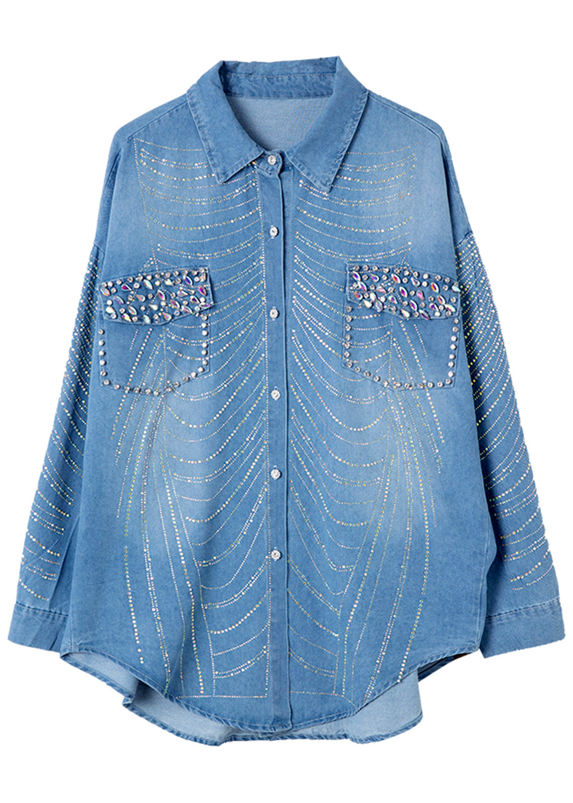 Blue Nail Bead Zircon Button Denim Shirts Spring