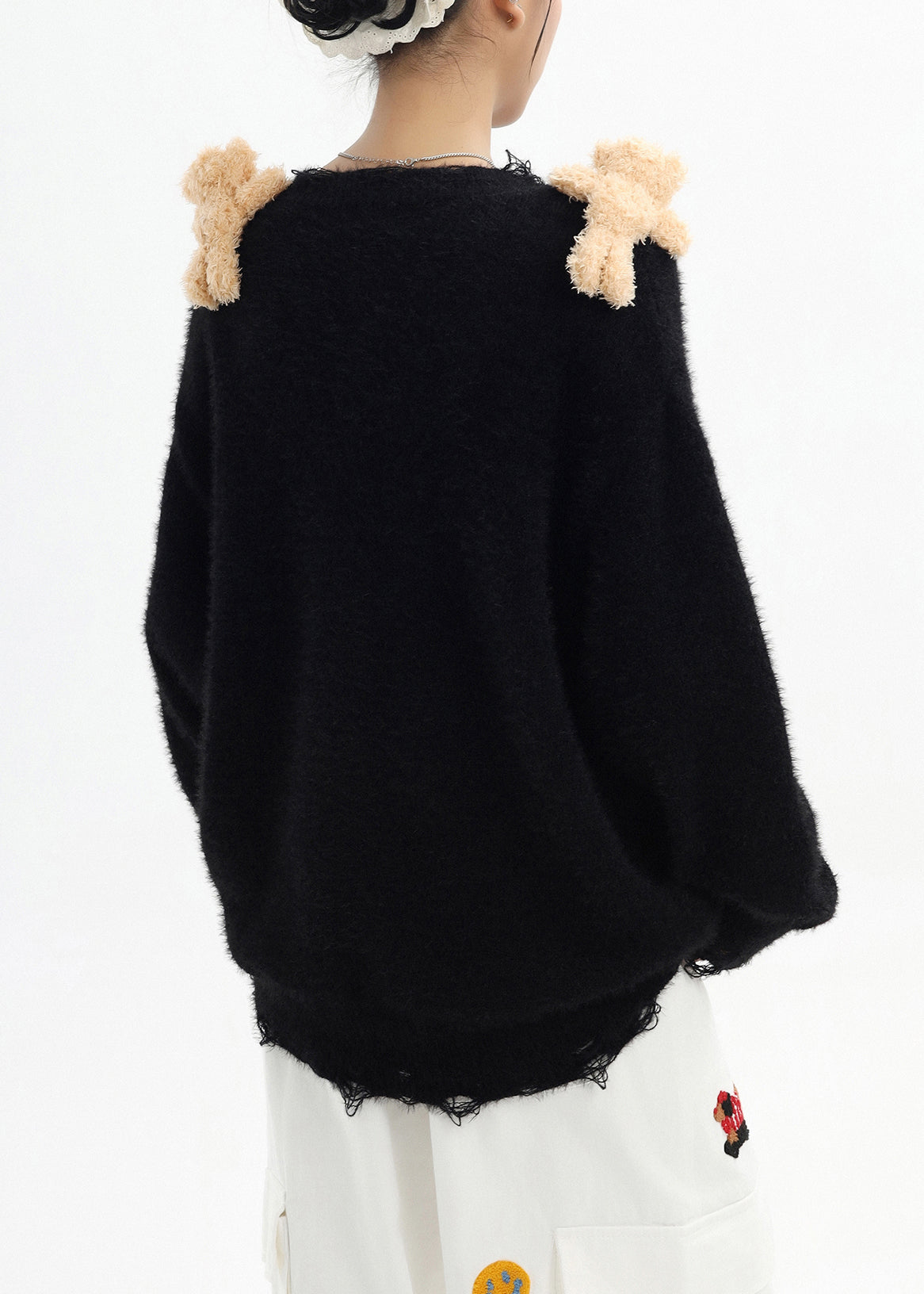 Stylish Black Oversized Bear Ripped Knitted Tops Winter