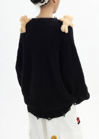 Stylish Black Oversized Bear Ripped Knitted Tops Winter