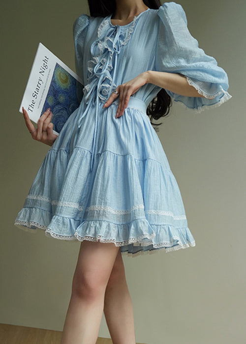 Blue Ruffled Lace Shirt and Skirts Cotton Two Pieces Set Half Sleeve