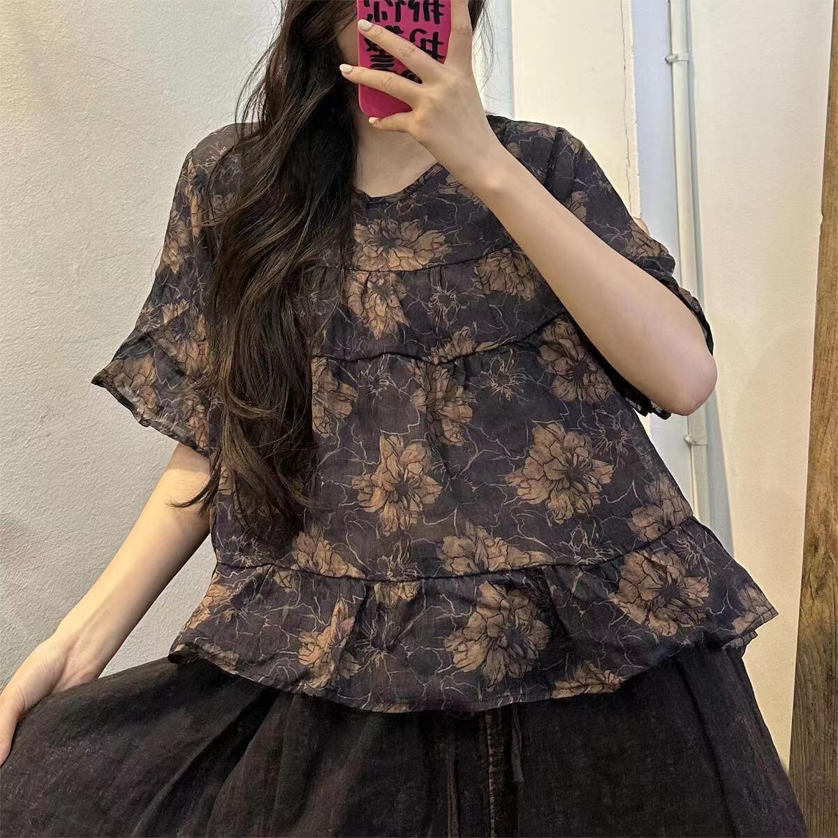 Navy Blue Print Patchwork Linen Top Summer