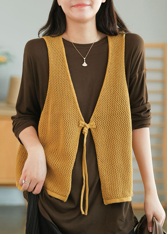 Yellow V Neck Hollow Out Tie Waist Knit Vests Fall