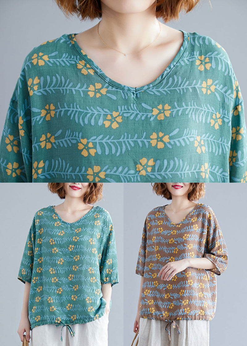 Green V Neck Print Cotton Tanks Short Sleeve