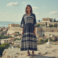 Retro Greek Key Graphics V Neck Linen Blend Dress artswardrobe