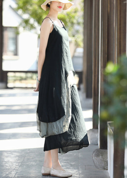 Black Colorblock Sied Open Cotton Spaghetti Strap Dresses Summer